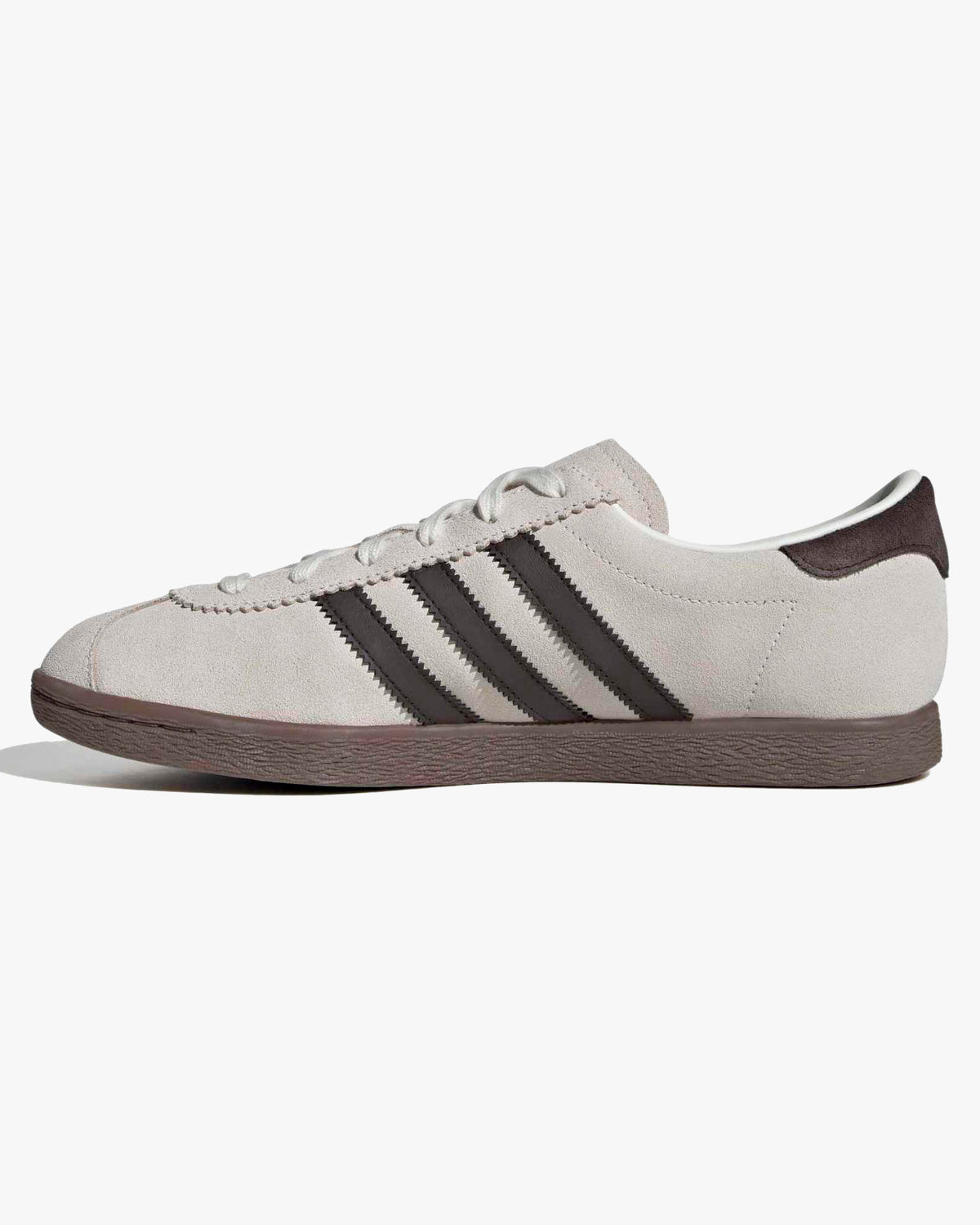 adidas stadt trainers white leather upper with brown stripes at an angle