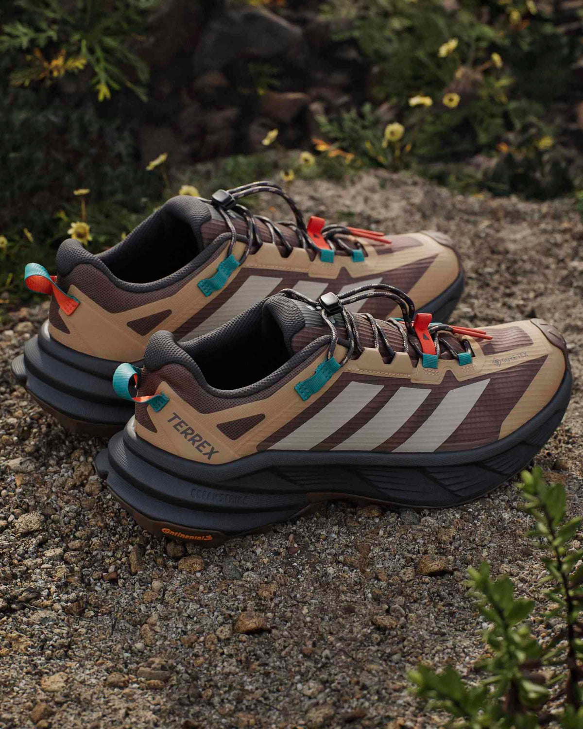 adidas terrex freehiker gore tex hiking shoes worn outdoors on rocky trail