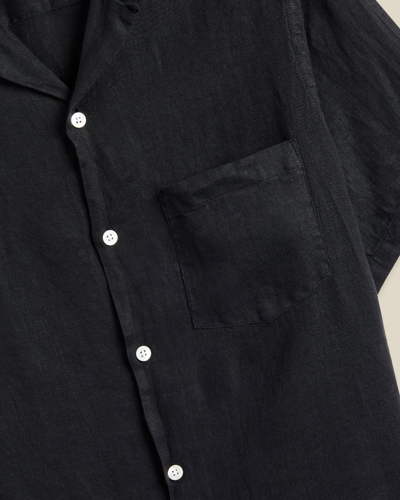 Portuguese Flannel Linen Camp Collar Shirt - Black