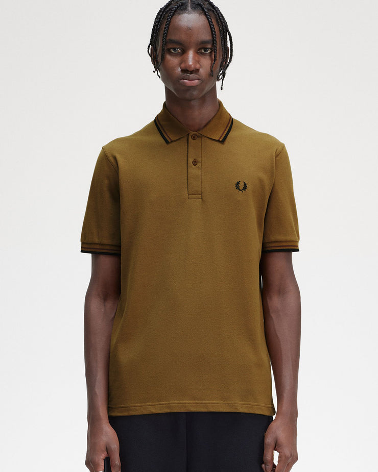 Fred Perry M12 Made In England Twin Tipped Polo Shirt - Dark Caramel / Whisky Brown / Black