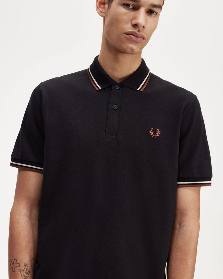 Fred Perry M12 Made In England Twin Tipped Polo Shirt - Black / Oatmeal / Whisky Brown