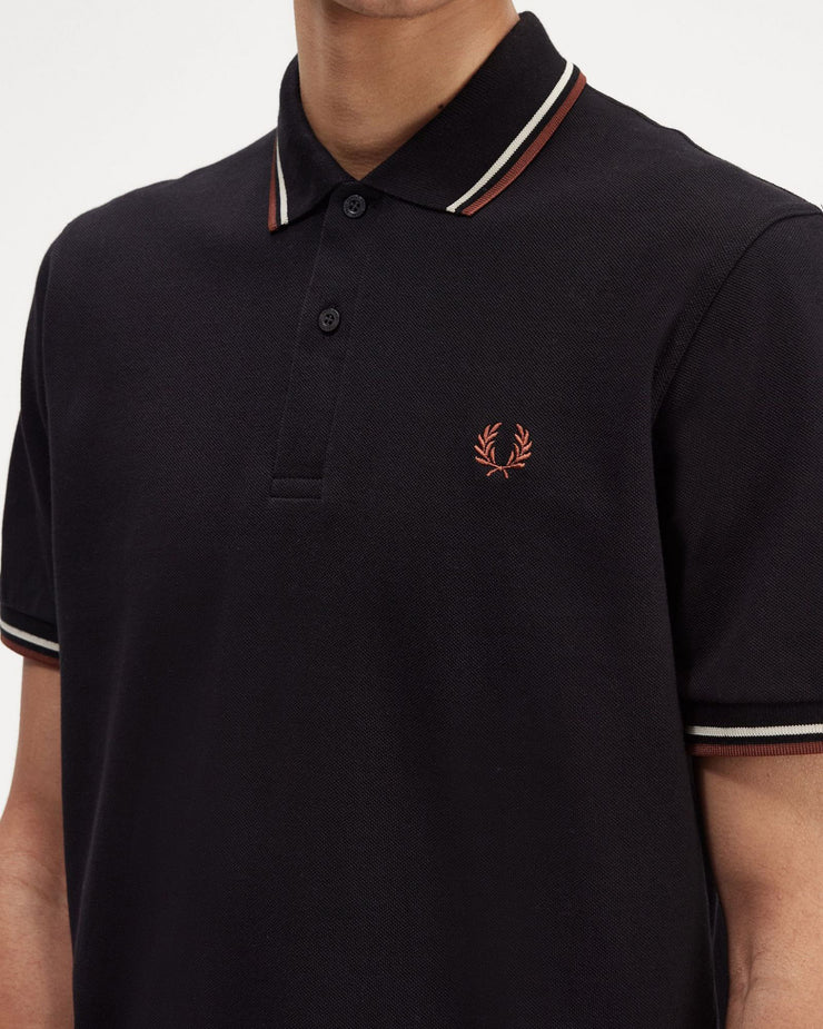 Fred Perry M12 Made In England Twin Tipped Polo Shirt - Black / Oatmeal / Whisky Brown