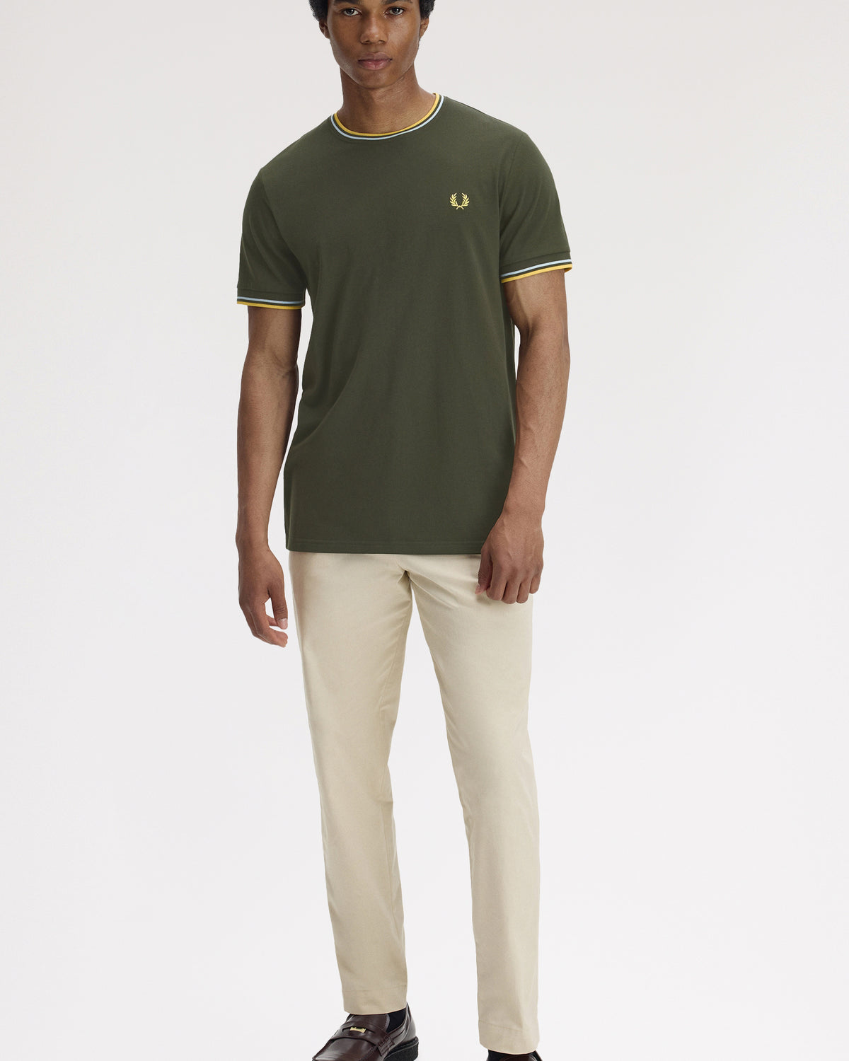 Fred Perry Twin Tipped T Shirt - Hunting Green / Light Ice / Lemon Barley