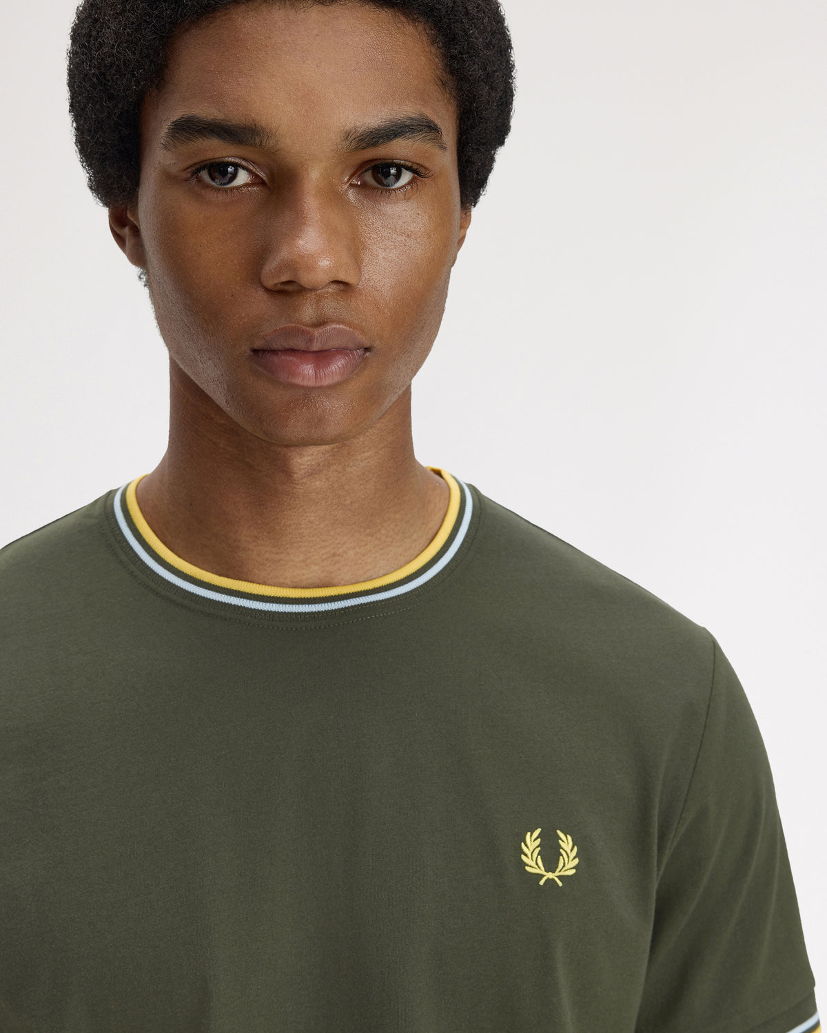 Fred Perry Twin Tipped T Shirt - Hunting Green / Light Ice / Lemon Barley