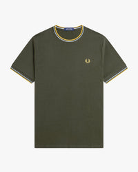 Fred Perry Twin Tipped T Shirt - Hunting Green / Light Ice / Lemon Barley