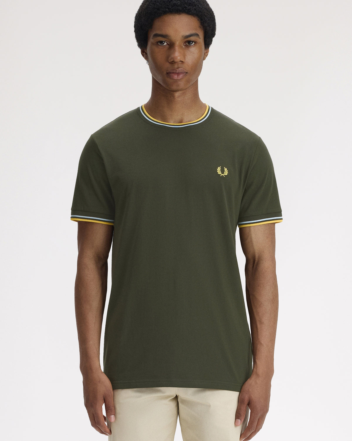 Fred Perry Twin Tipped T Shirt - Hunting Green / Light Ice / Lemon Barley