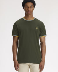 Fred Perry Twin Tipped T Shirt - Hunting Green / Light Ice / Lemon Barley