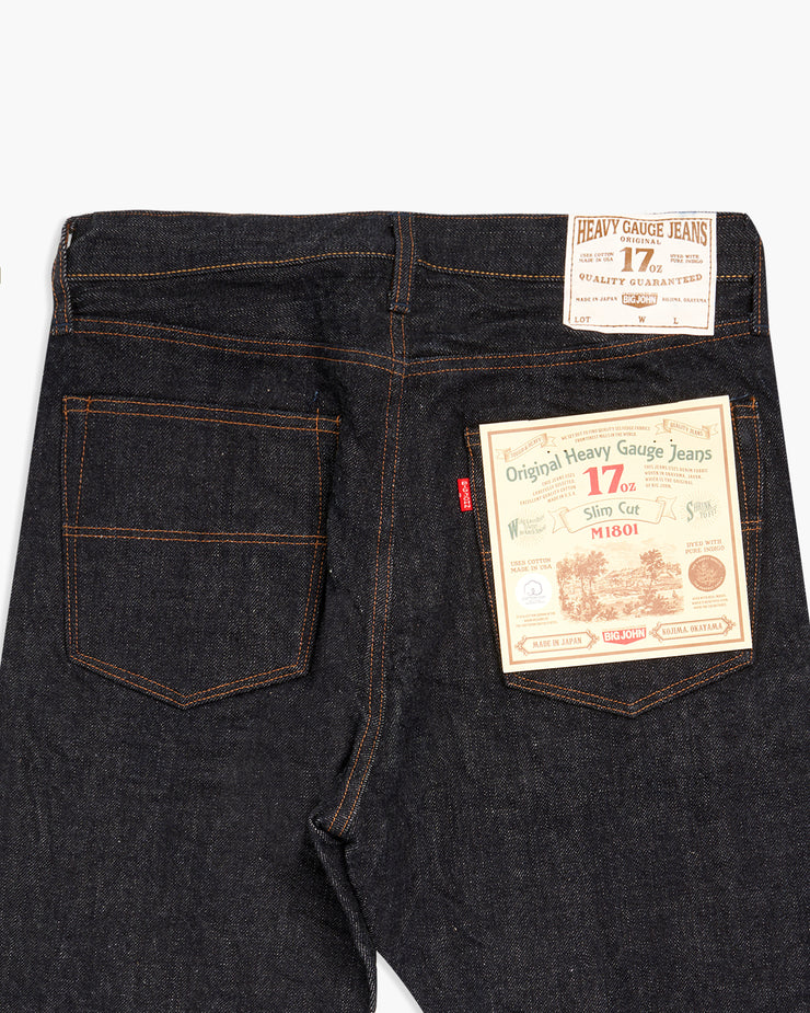 Big John M1801 17oz Heavy Gauge Slim Fit Selvedge Mens Jeans - Indigo One Wash