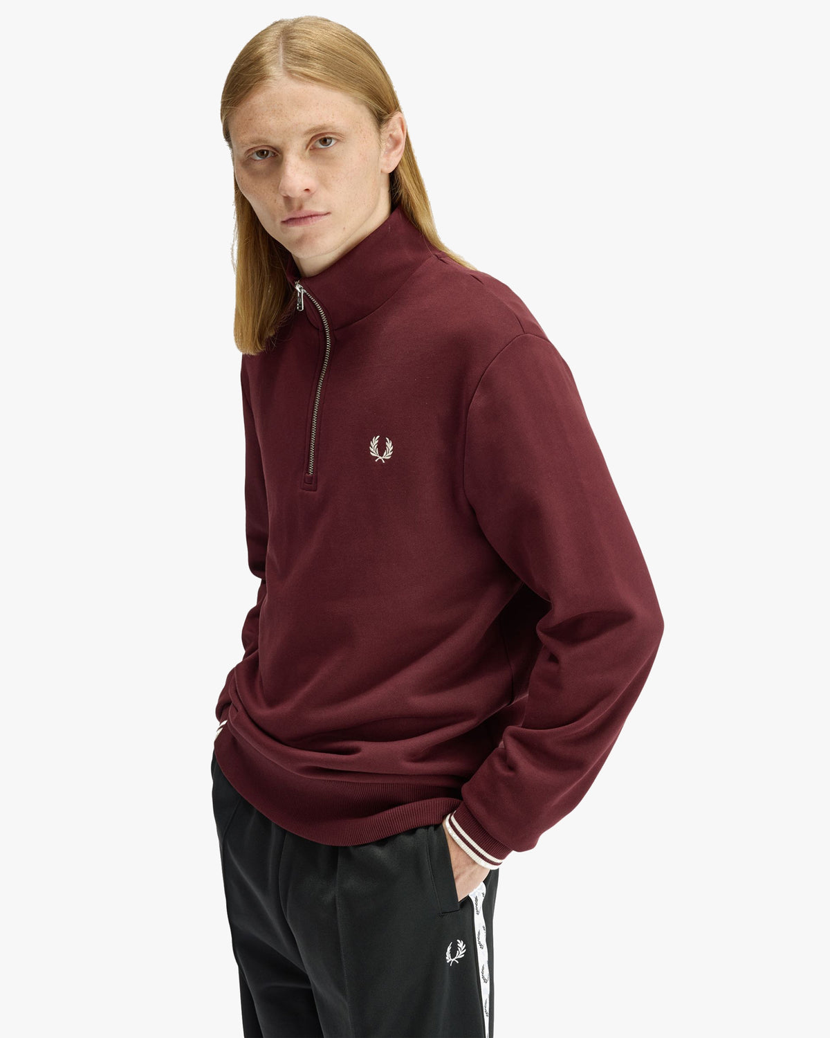 Fred Perry Half Zip Sweatshirt - Oxblood / Ecru