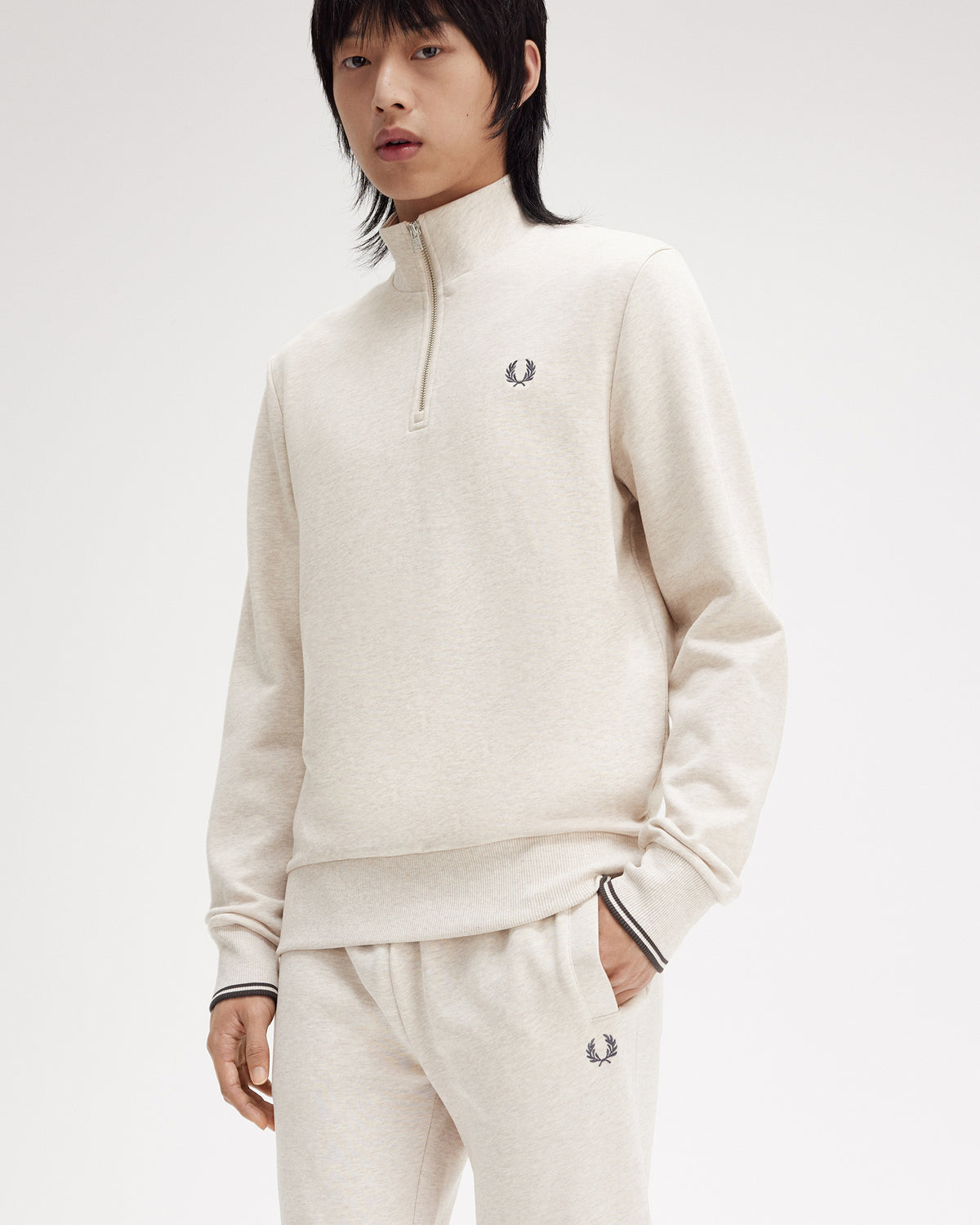 Fred Perry Half Zip Sweatshirt - Porridge Marl / Anchor Grey | Fred Perry Sweaters & Knitwear | JEANSTORE