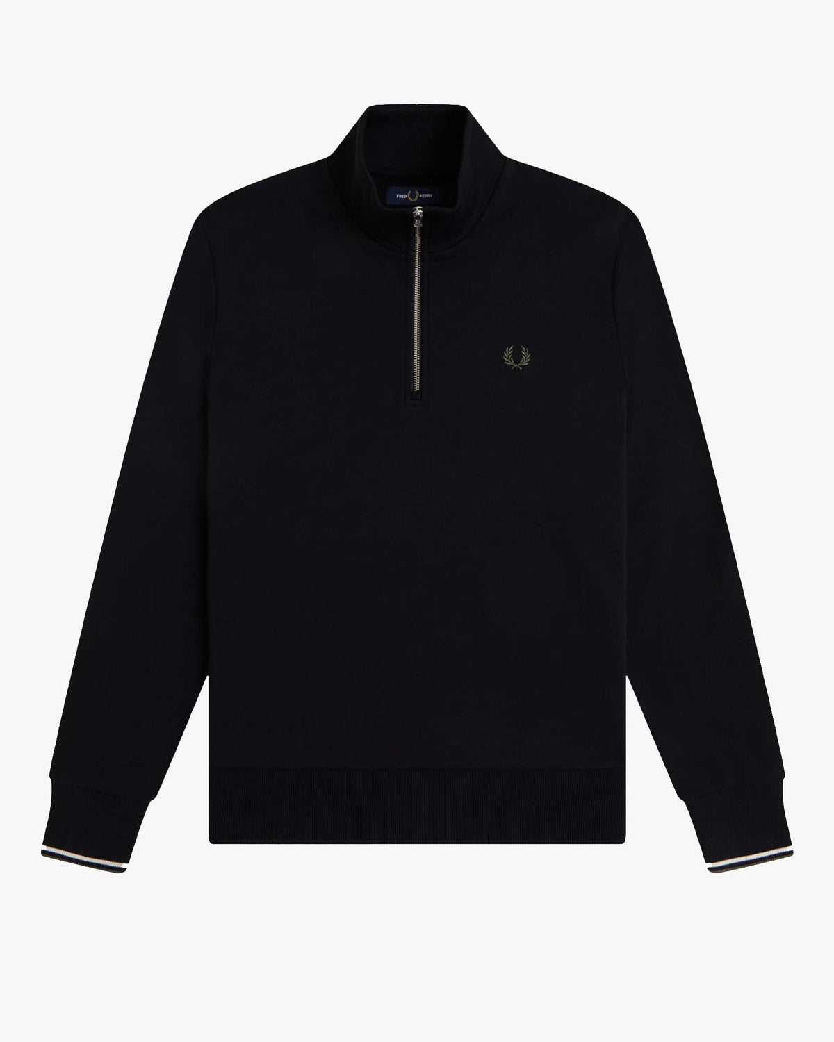 Fred Perry Half Zip Sweatshirt - Black / Ecru / Laurel Wreath Green