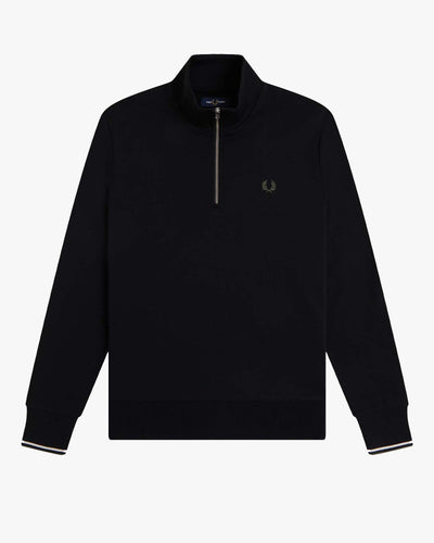 Fred Perry Half Zip Sweatshirt - Black / Ecru / Laurel Wreath Green