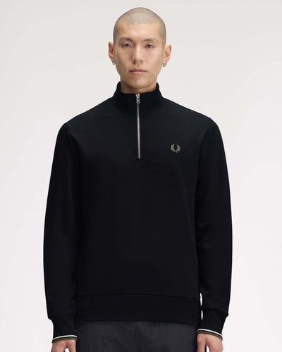 Fred Perry Half Zip Sweatshirt - Black / Ecru / Laurel Wreath Green