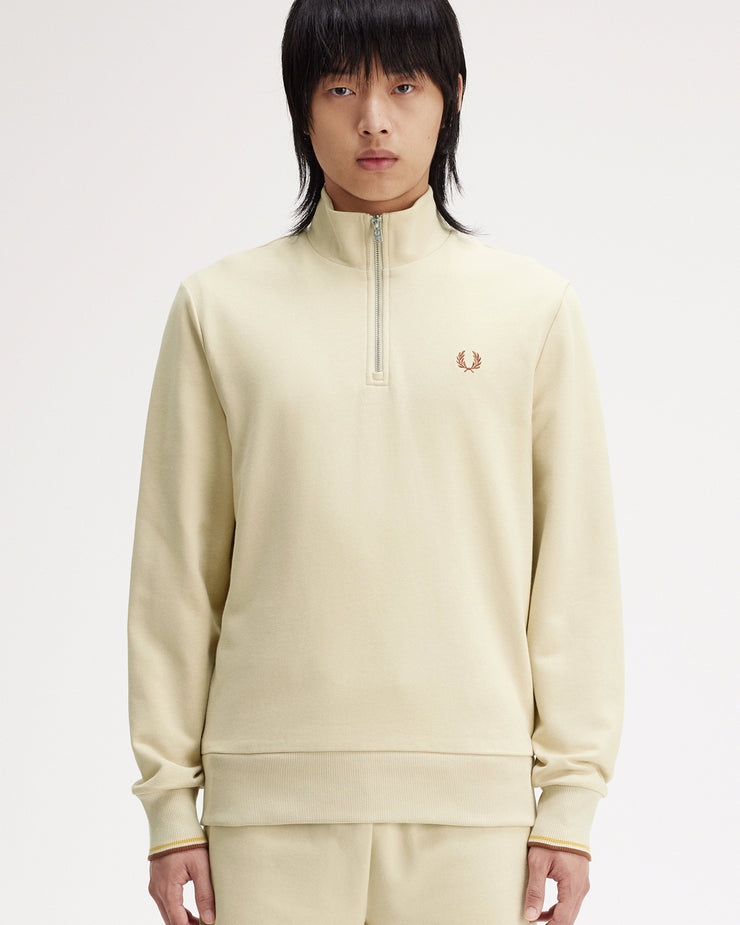 Fred Perry Half Zip Sweatshirt - Oatmeal / Whisky Brown