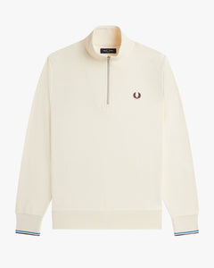 Fred Perry Half Zip Sweatshirt - Ecru / Court Blue / Oxblood