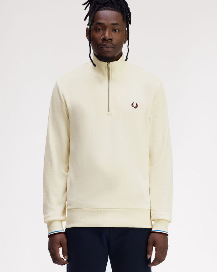Fred Perry Half Zip Sweatshirt Ecru Court Blue Oxblood