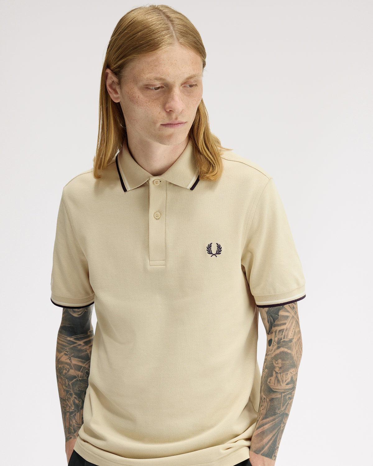 Fred Perry Twin Tipped Polo Shirt - Oatmeal / Snow White / Anchor Grey