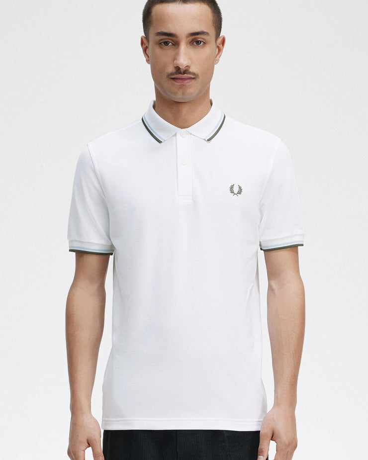 Fred Perry Twin Tipped Polo Shirt - White / Light Ice / Field Green ...