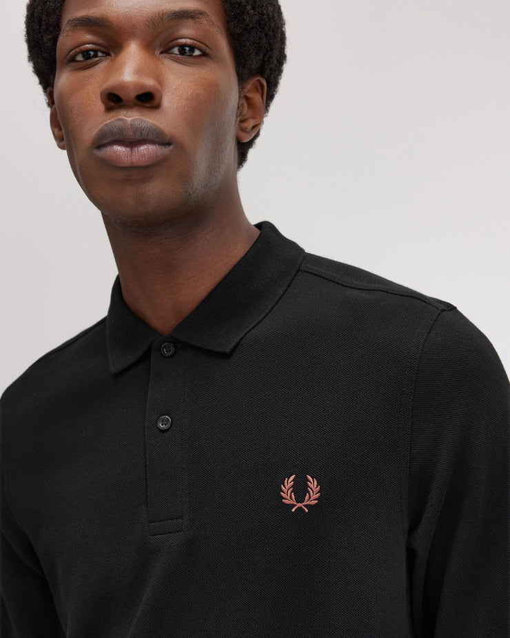 Fred Perry L/S Plain Polo Shirt - Black / Whisky Brown