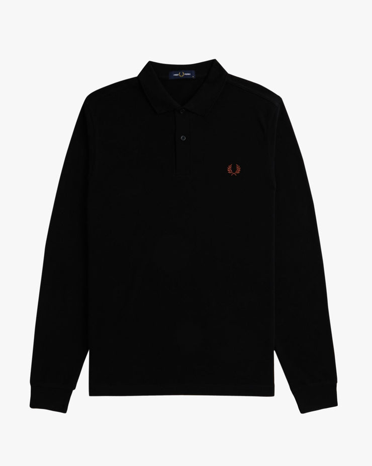 Fred Perry L/S Plain Polo Shirt - Black / Whisky Brown