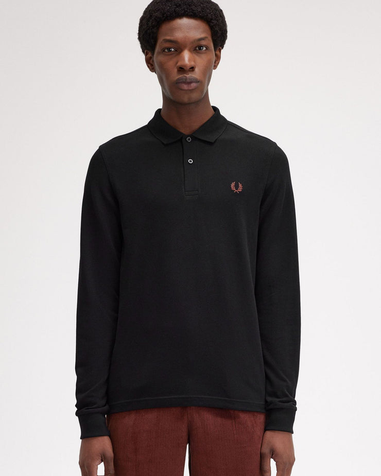 Fred Perry L/S Plain Polo Shirt - Black / Whisky Brown