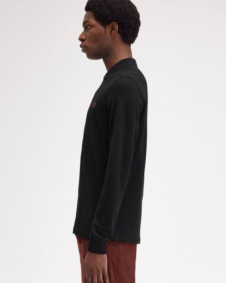 Fred Perry L/S Plain Polo Shirt - Black / Whisky Brown