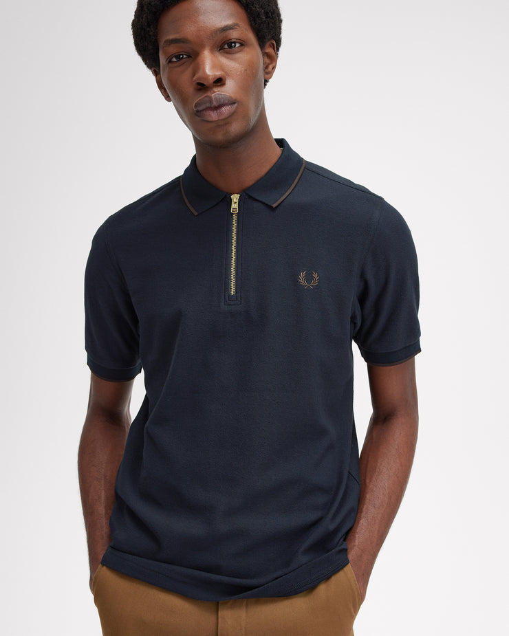 Fred Perry Crepe Pique Zip Neck Polo Shirt - Navy