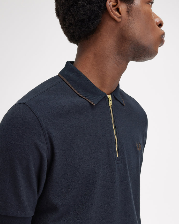 Fred Perry Crepe Pique Zip Neck Polo Shirt - Navy