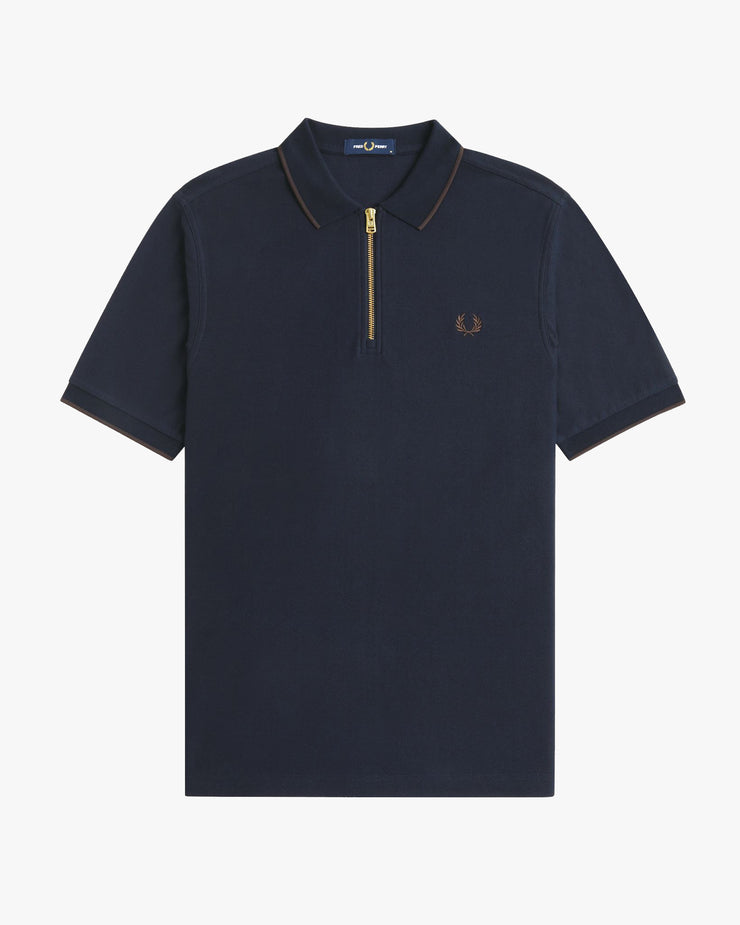 Fred Perry Crepe Pique Zip Neck Polo Shirt - Navy