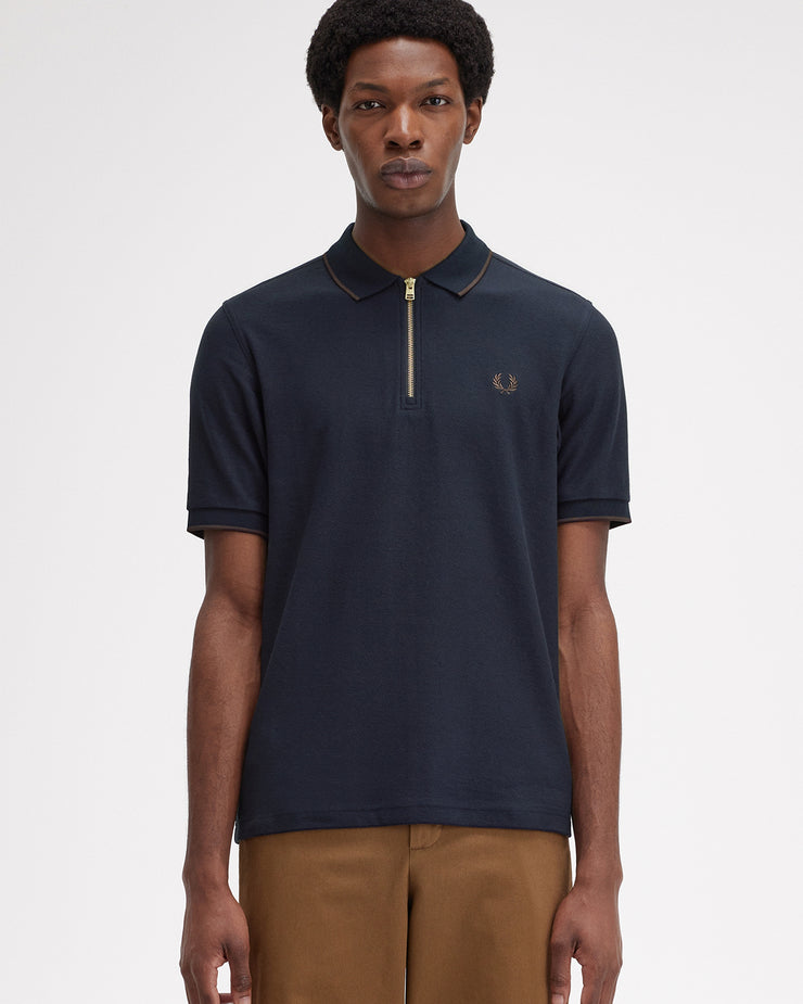 Fred Perry Crepe Pique Zip Neck Polo Shirt - Navy