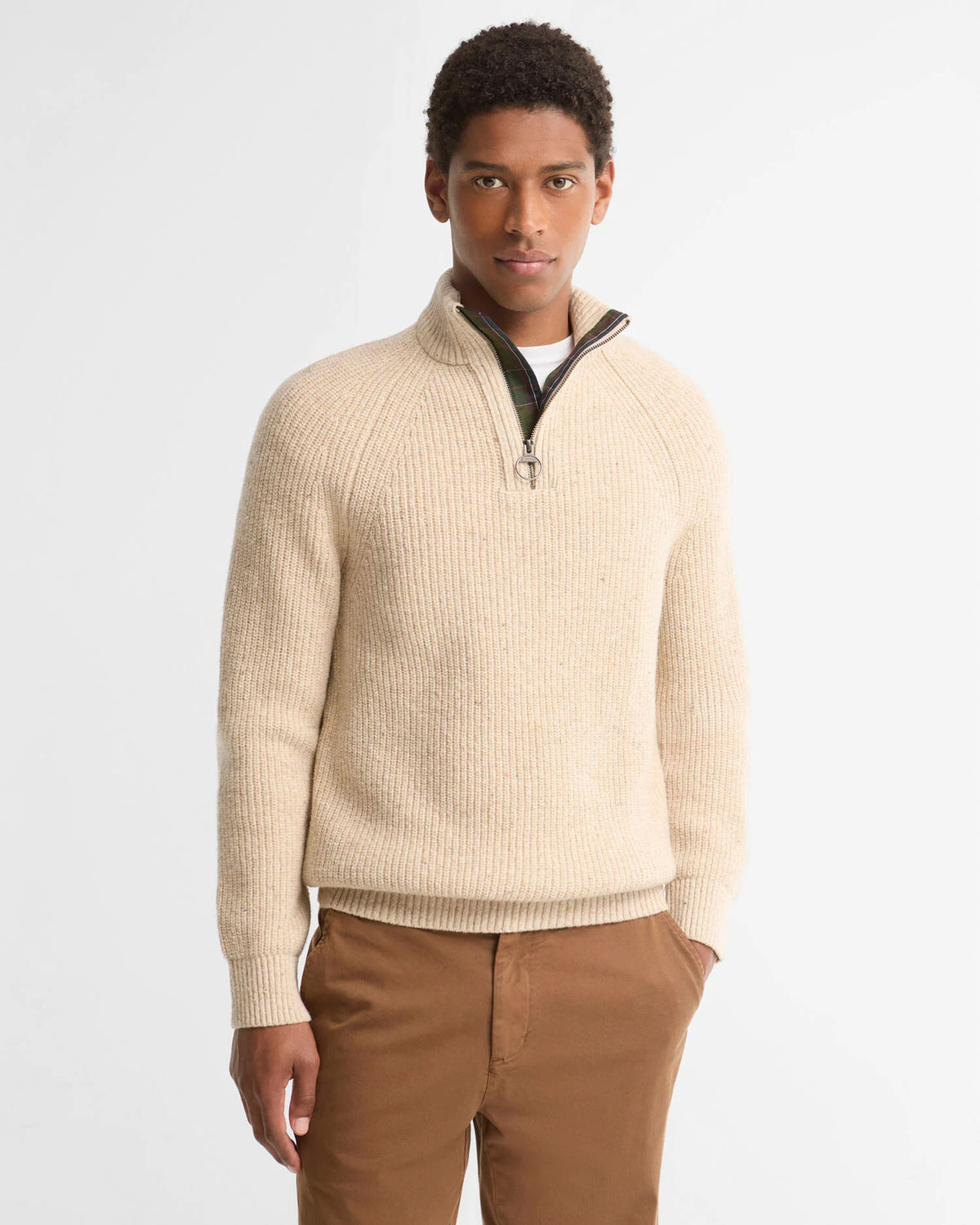 Barbour Heritage Essentials Fleck Wool Half Zip Jumper - Pearl