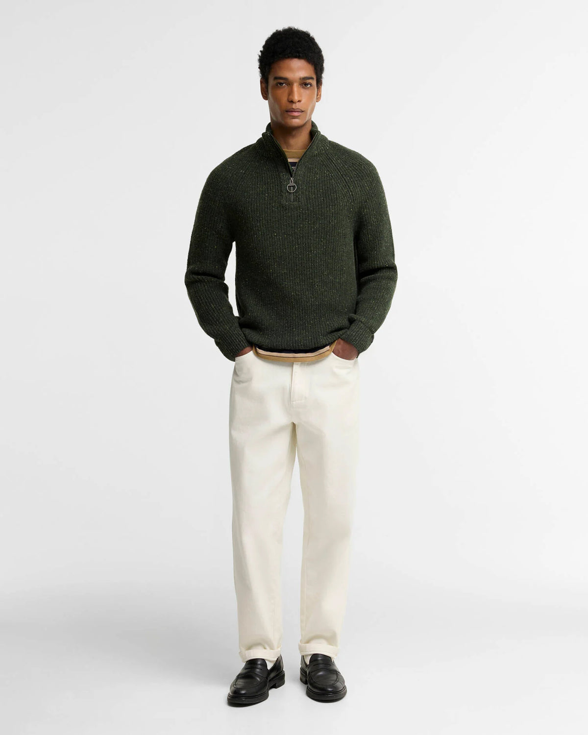 Barbour Heritage Essentials Fleck Wool Half Zip Jumper - Olive