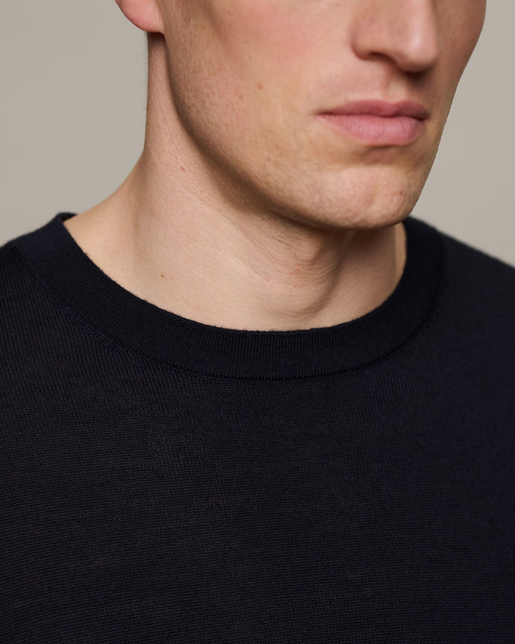 Merz b. Schwanen MERINOTEE01 Knitted Merino Wool Tee - Dark Navy