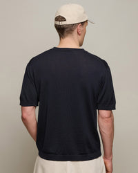 Merz b. Schwanen MERINOTEE01 Knitted Merino Wool Tee - Dark Navy