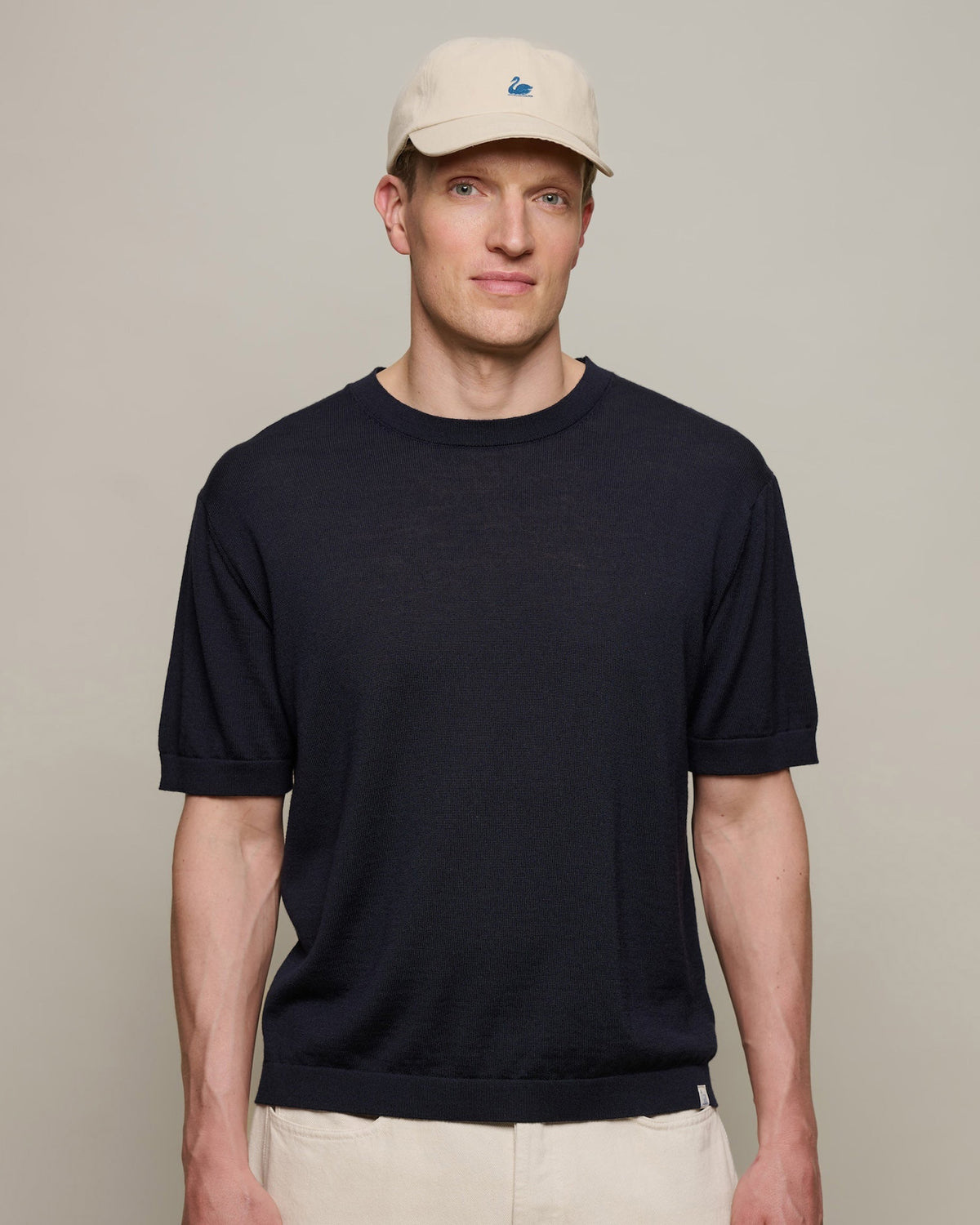 Merz b. Schwanen MERINOTEE01 Knitted Merino Wool Tee - Dark Navy