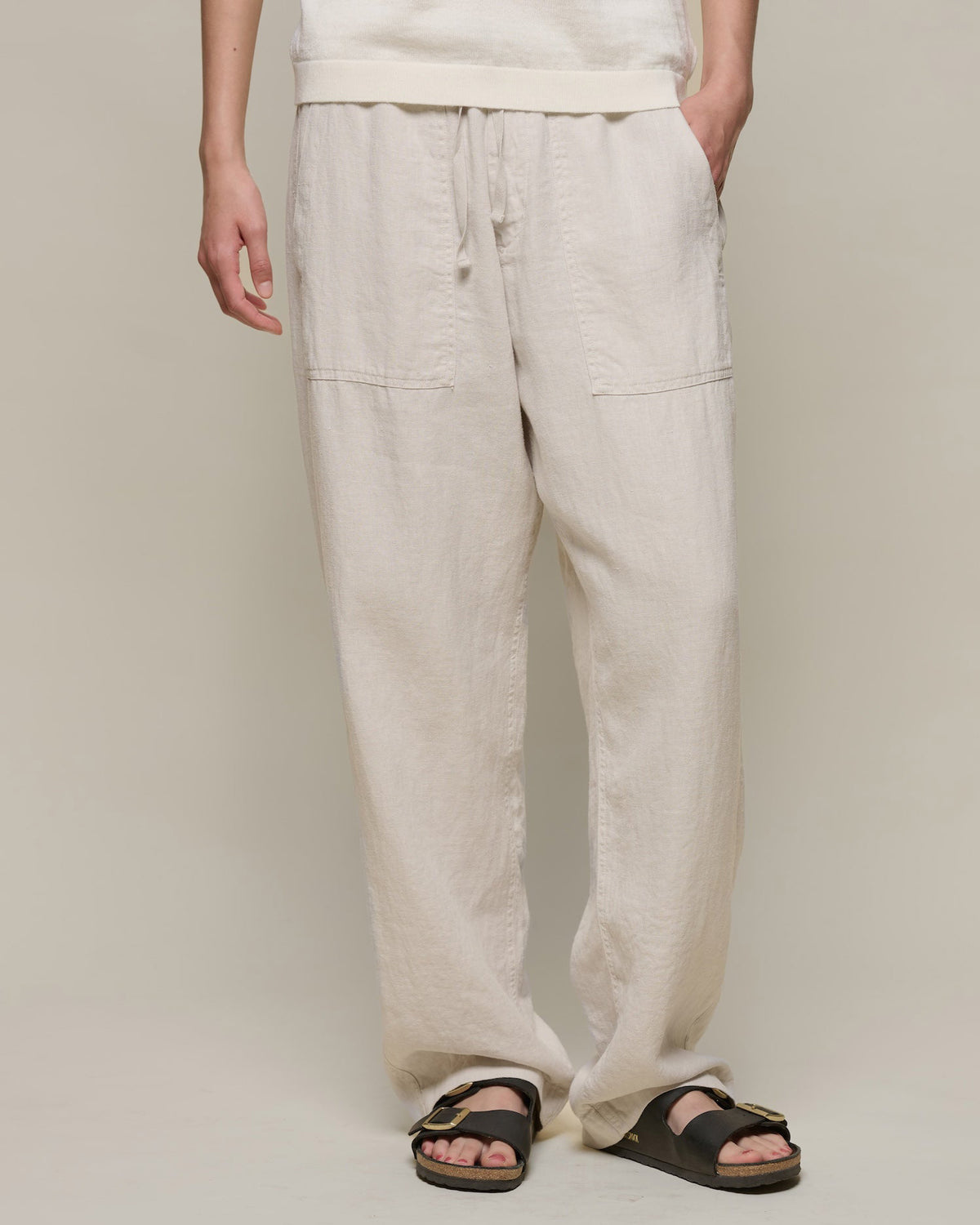 Merz b. Schwanen PANTS05LI Workers Linen Drawstring Pants - Light Stone