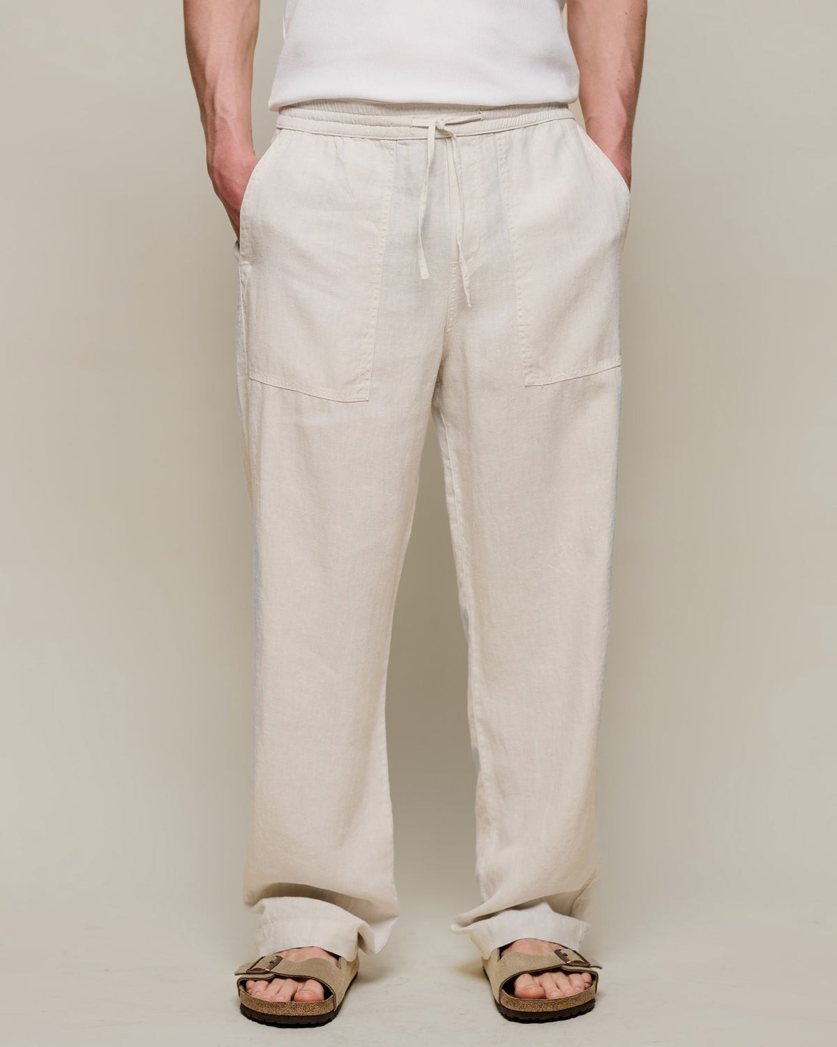 Merz b. Schwanen PANTS05LI Workers Linen Drawstring Pants - Light Stone
