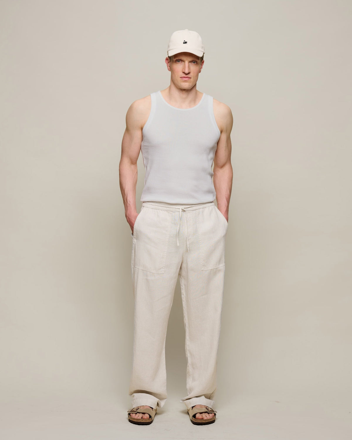 Merz b. Schwanen PANTS05LI Workers Linen Drawstring Pants - Light Stone