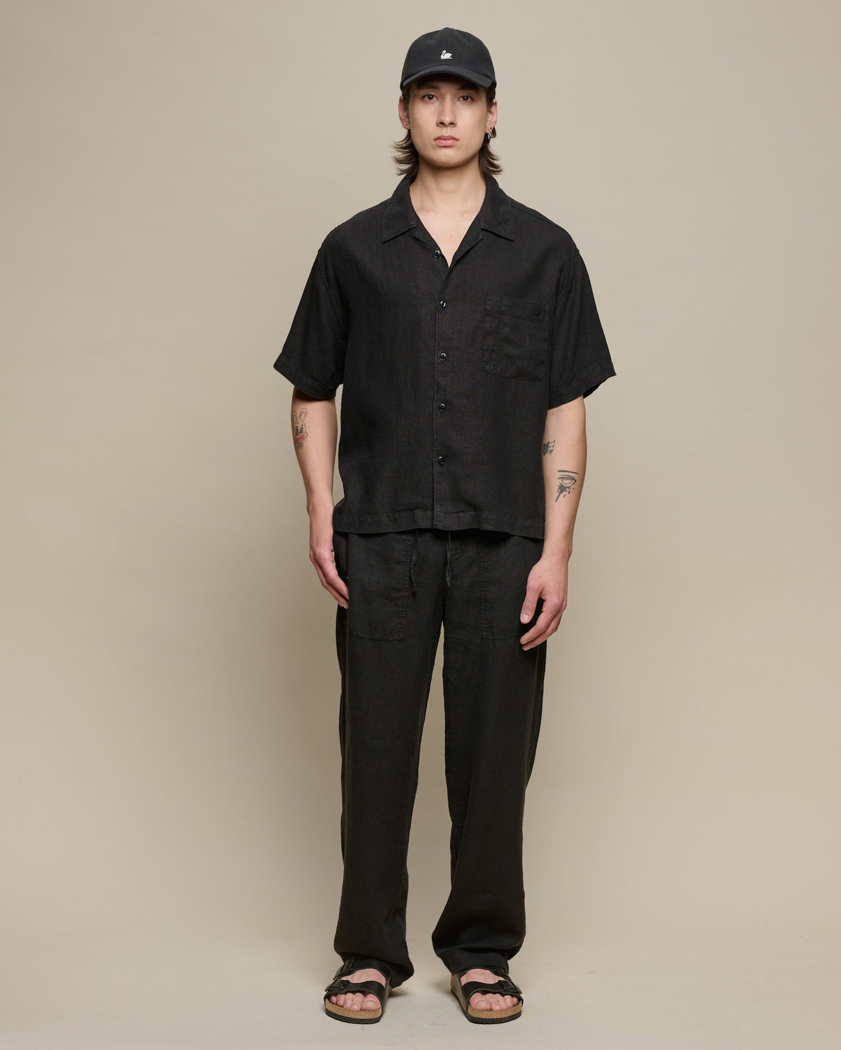 Merz b. Schwanen SHIRT03LI Linen Bowling S/S Shirt - Deep Black