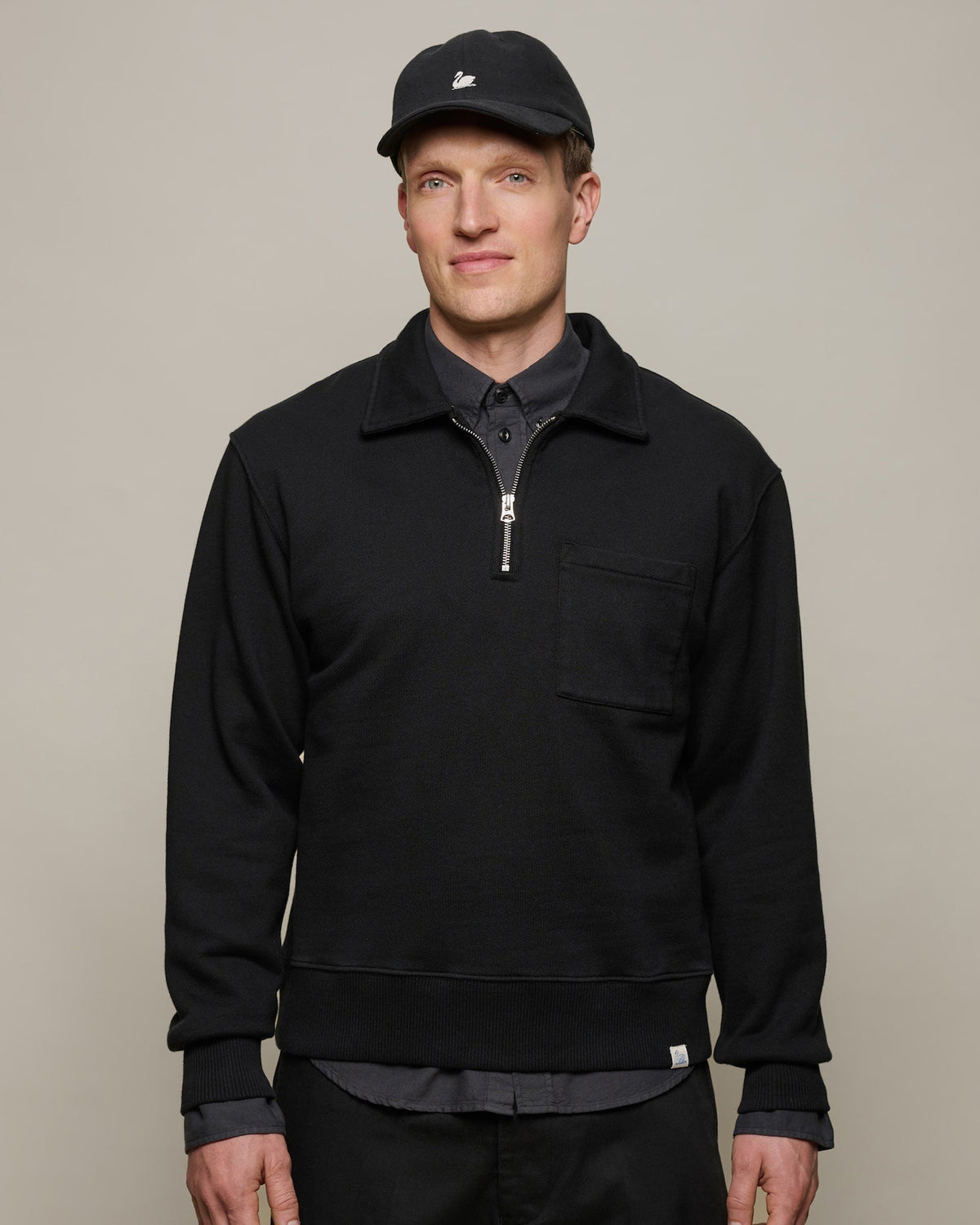 Merz b. Schwanen ZIP03 Polo Collared Half-Zip Cotton Sweatshirt - Deep Black