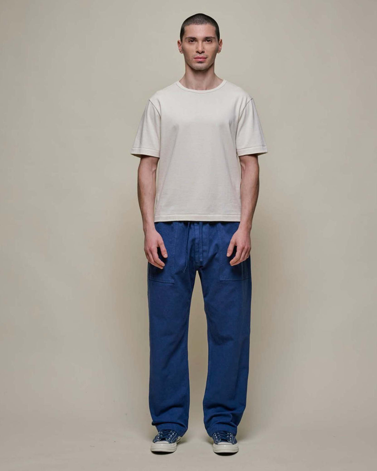 Merz b. Schwanen PANTS05 Workers Cotton Twill Drawstring Pants - Ink Blue | Merz b. Schwanen Chinos & Trousers | Jeanstore