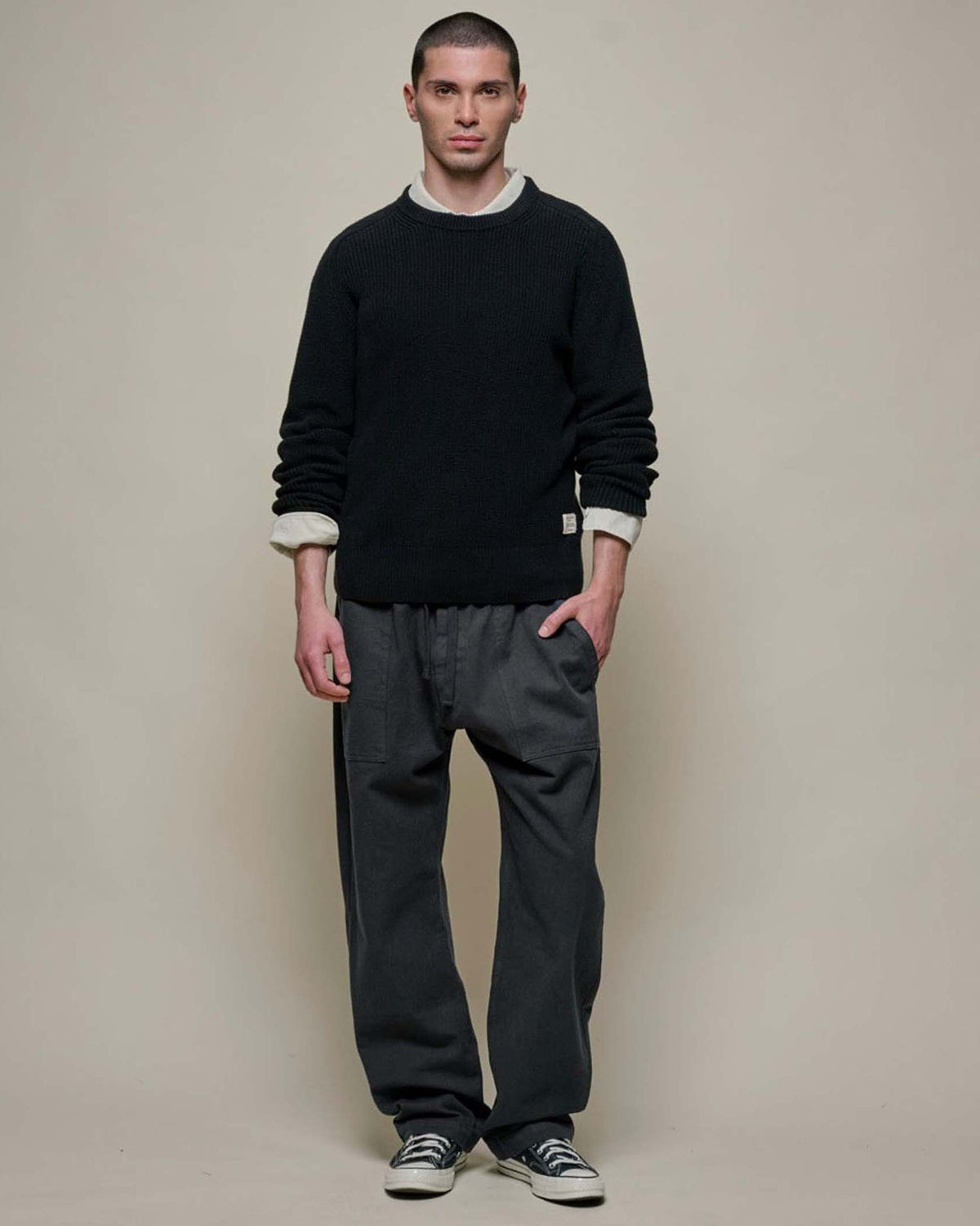 Merz b. Schwanen PANTS05 Workers Cotton Twill Drawstring Pants - Charcoal