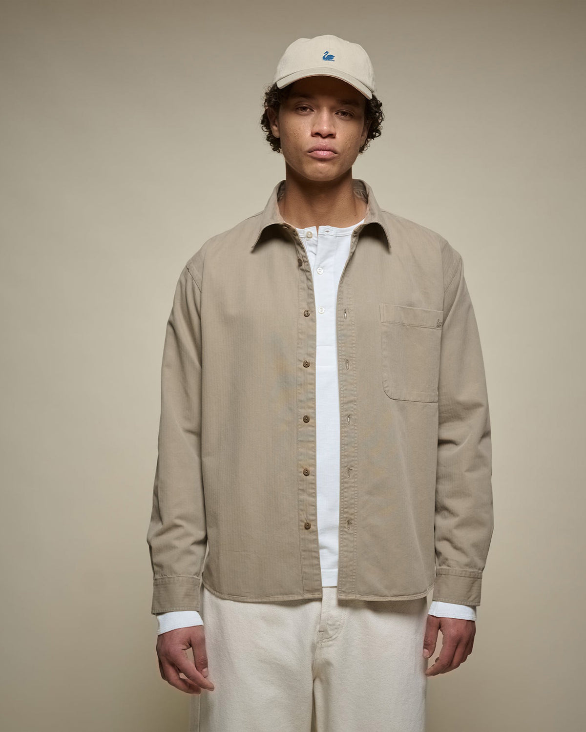 Merz b. Schwanen SHIRT01HB Herringbone L/S Shirt - Dusted Khaki