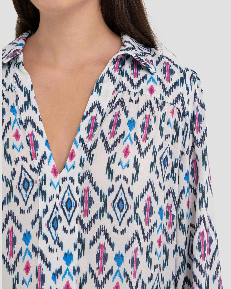 Replay Womens Printed Shirt-Dress With Frills - Natural White / Pink / Blue