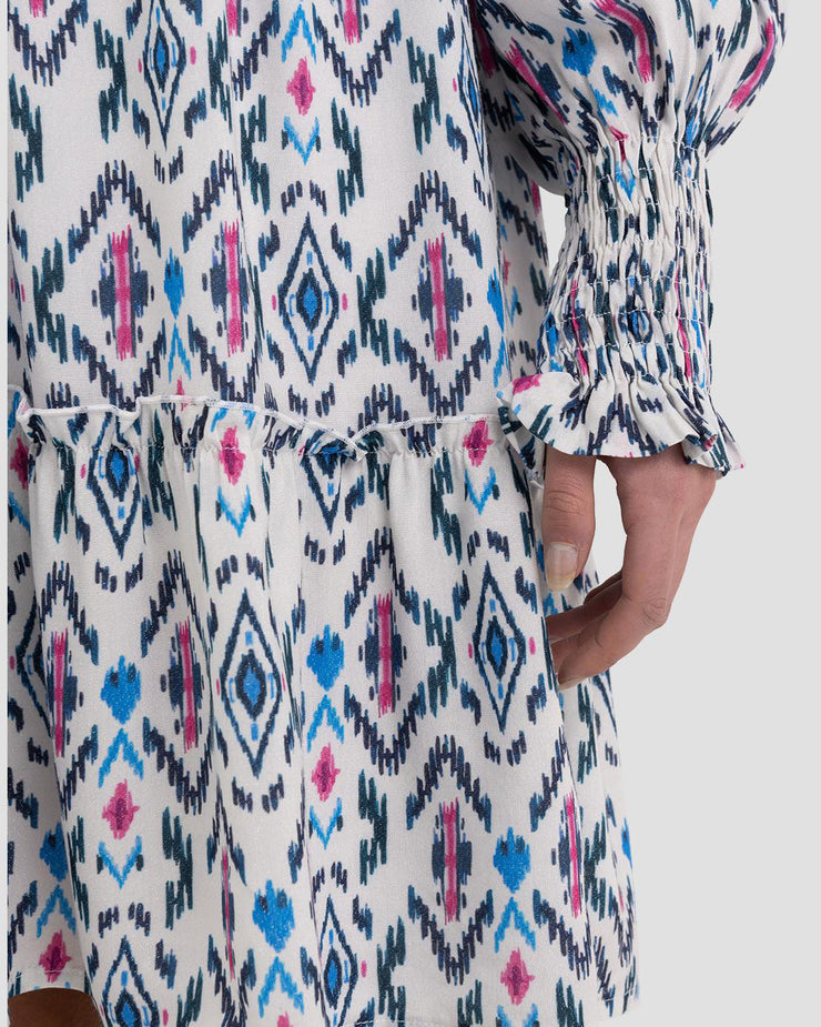 Replay Womens Printed Shirt-Dress With Frills - Natural White / Pink / Blue