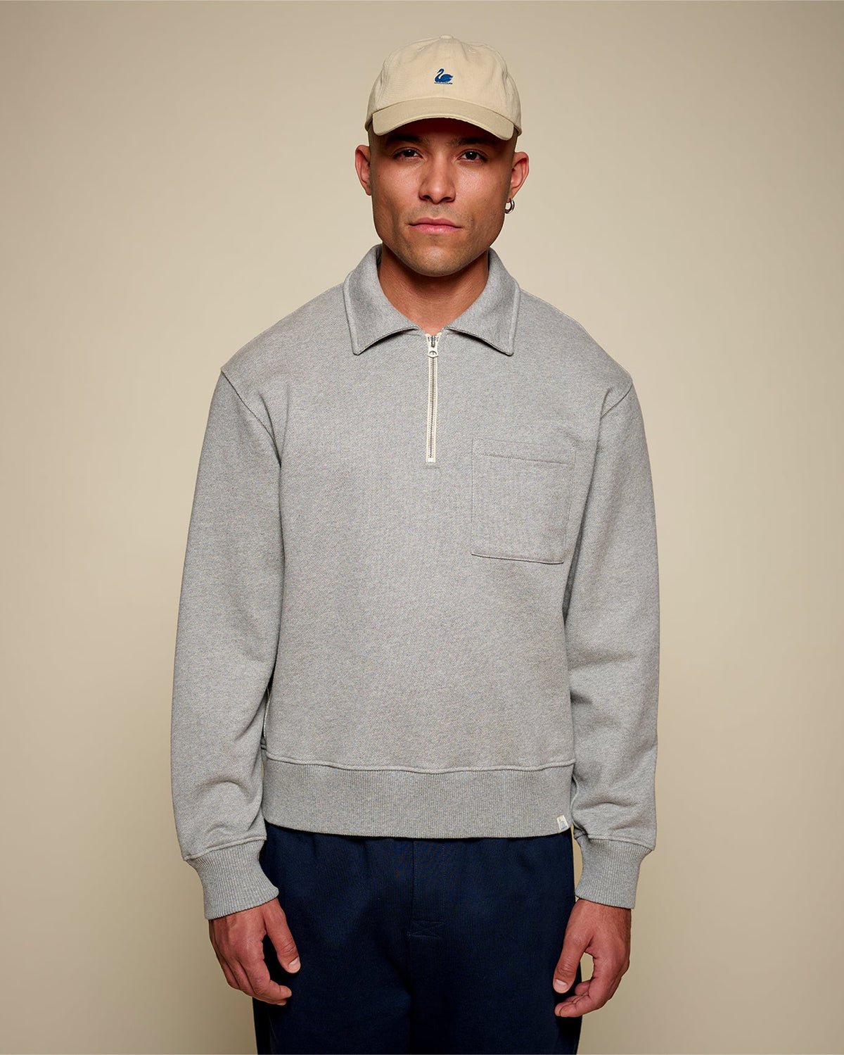 Merz b. Schwanen ZIP03 Polo Collared Half-Zip Cotton Sweatshirt - Grey Melange
