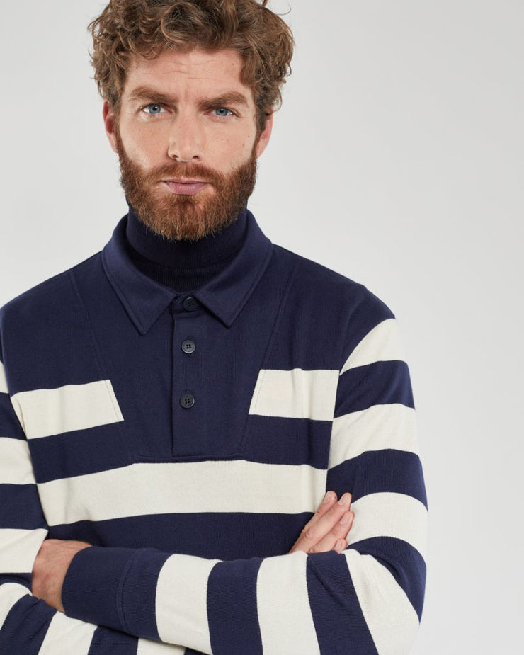 Armor Lux Thick Rustic Knit Striped Polo Shirt - Deep Marine / Nature
