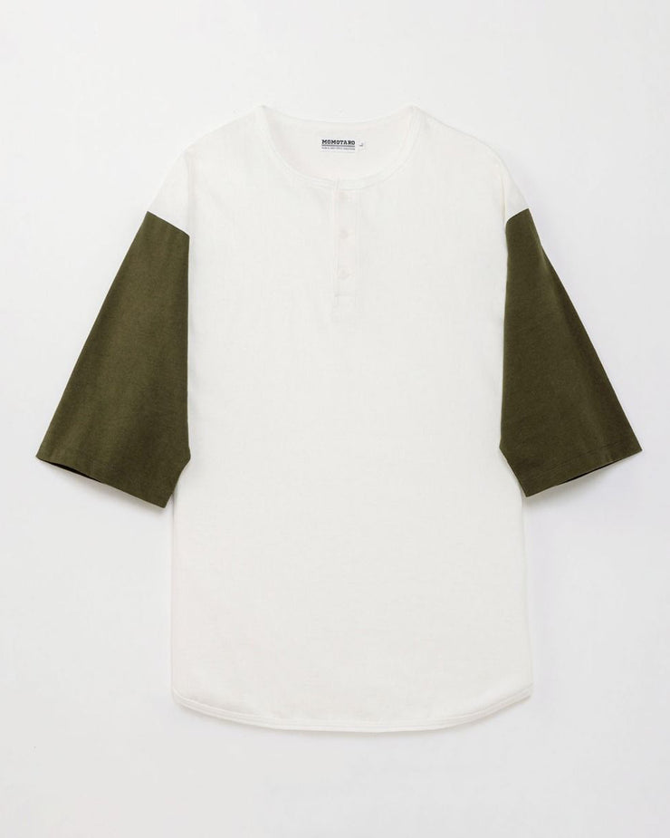 Momotaro Jeans Henley Baseball Shirt - White / Olive