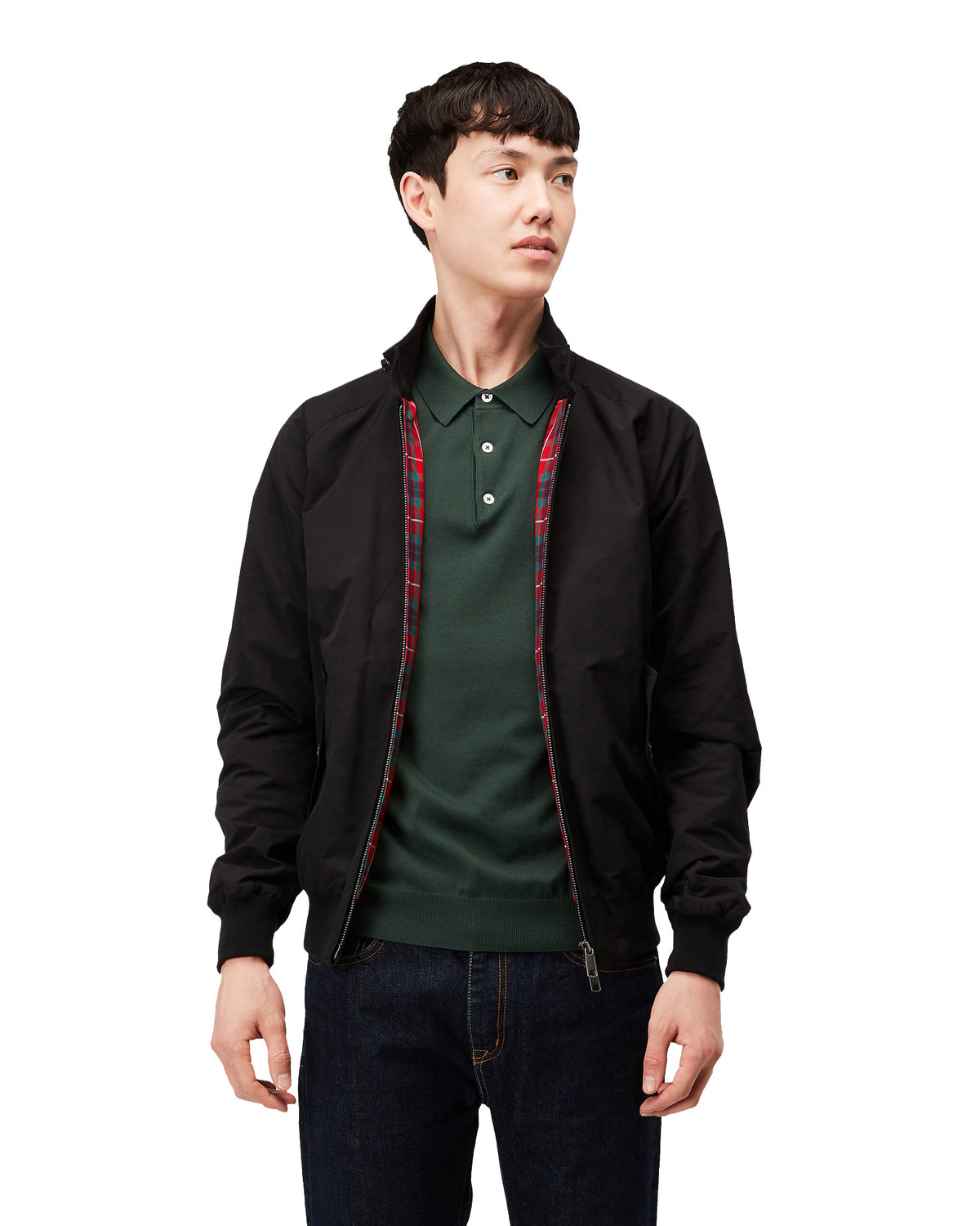 baracuta g9 harrington jacket black, worn front view on model